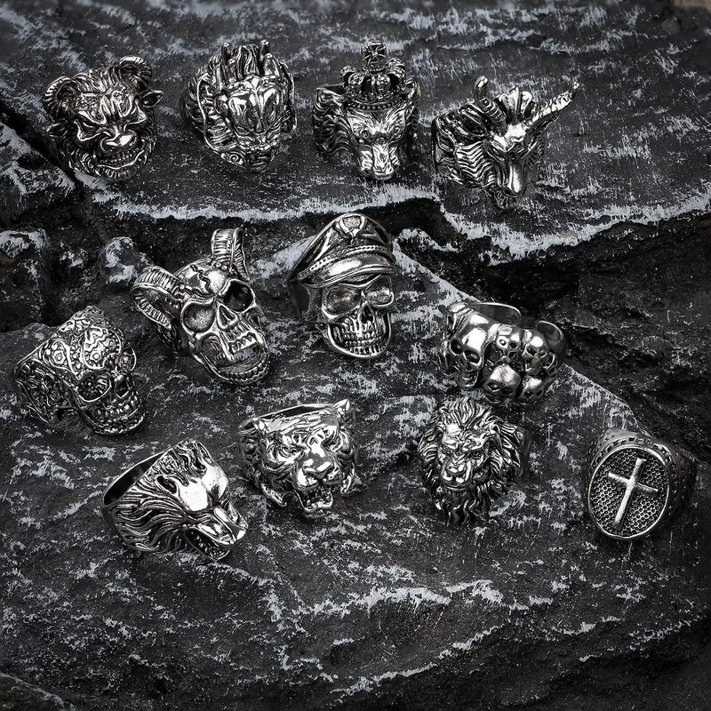 MollyQueen 12 Pieces Vintage Punk Rings Set, Stainless Steel Gothic Biker Adjustable Rings Skeleton Skull Tiger Ring Drgon Lion Head Ring - Image 3
